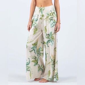 Rip Curl Leaf Print Wide-Leg Pants - Cream and Green